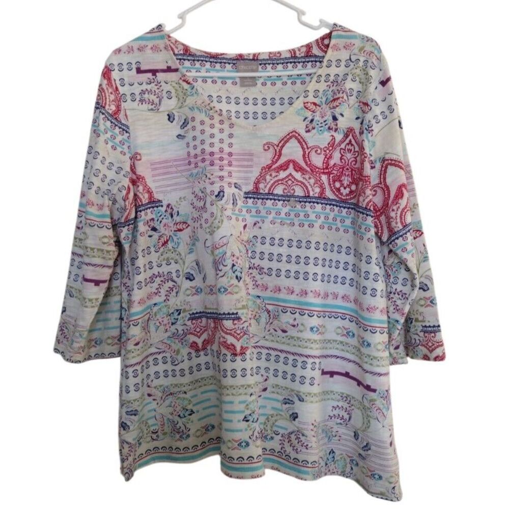 Chico's Blouse Women 2 (M) Multicolor Paisley Bohemian 3/4 Sleeve Scoop V Neck